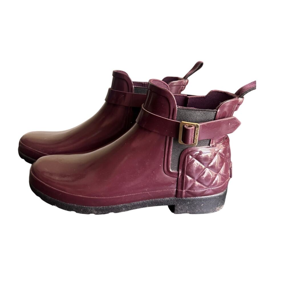 HUNTER Chelsea Womens Burgundy Rain Ankle Boots Glossy Quilted Size 8 - Picture 2 of 8